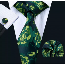 3delige set stropdas manchetknopen pochet tinten groen en zwart Bloemen